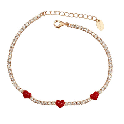 Silver tennis bracelet with 3 enamel hearts - rose