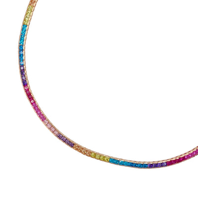 Silver casting tennis necklace with rainbow square stones
