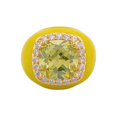 Silver chevalier ring with enamel and stone - yellow