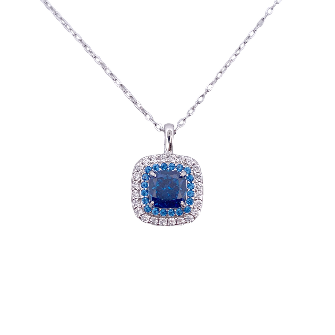 Silver necklace with a cushion diamond replica charm