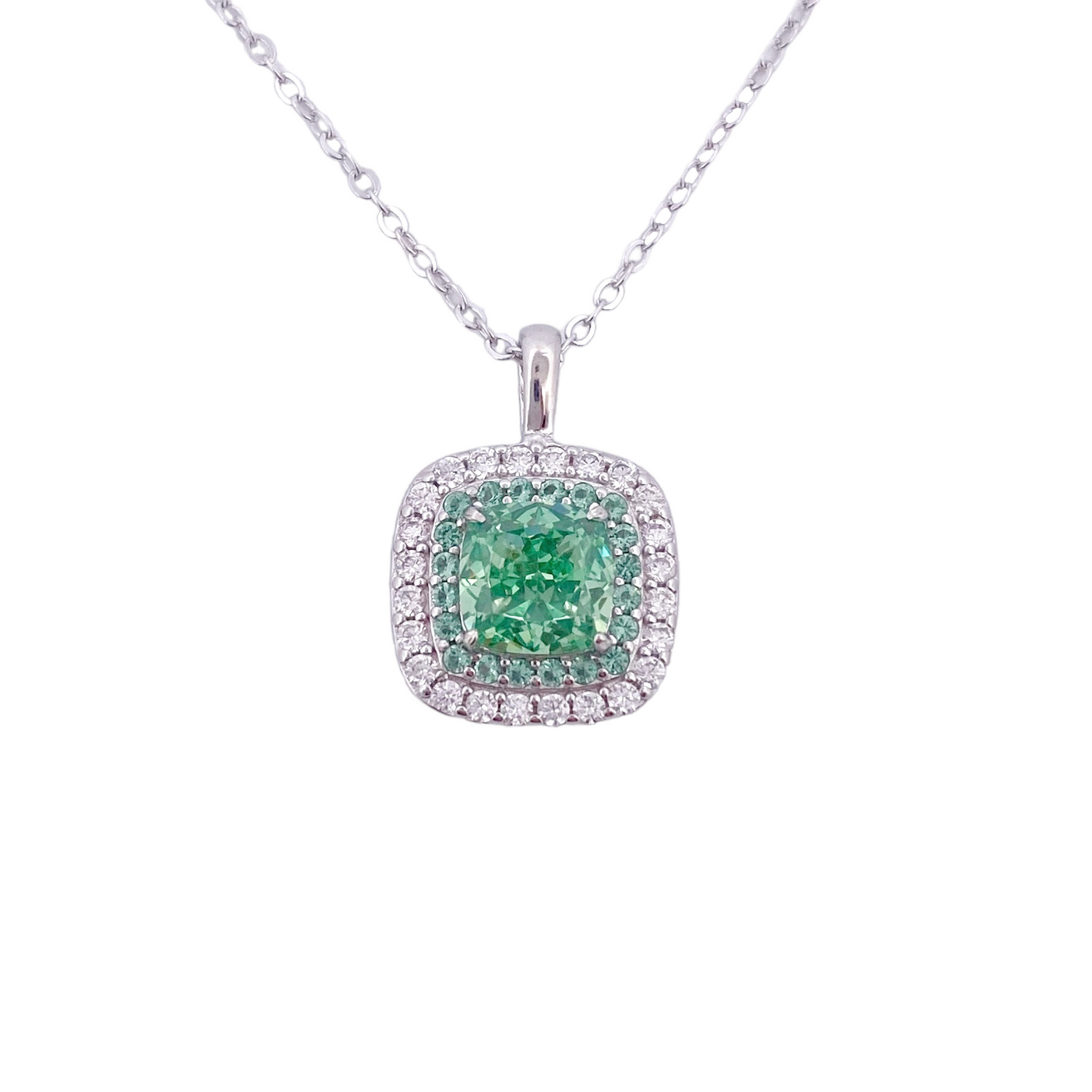 Silver necklace with a cushion diamond replica charm