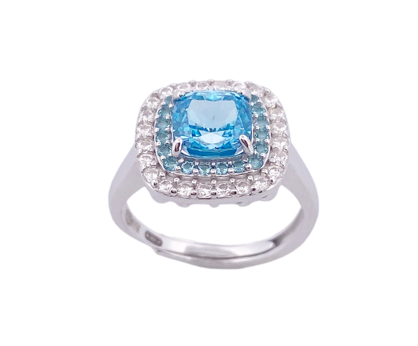 Silver ring with a central cushion diamond replica stone