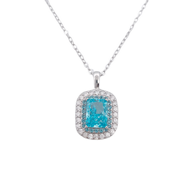 Silver necklace with a rectangular diamond replica charm