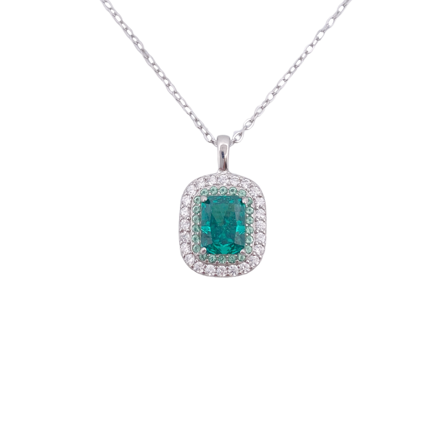 Silver necklace with a rectangular diamond replica charm
