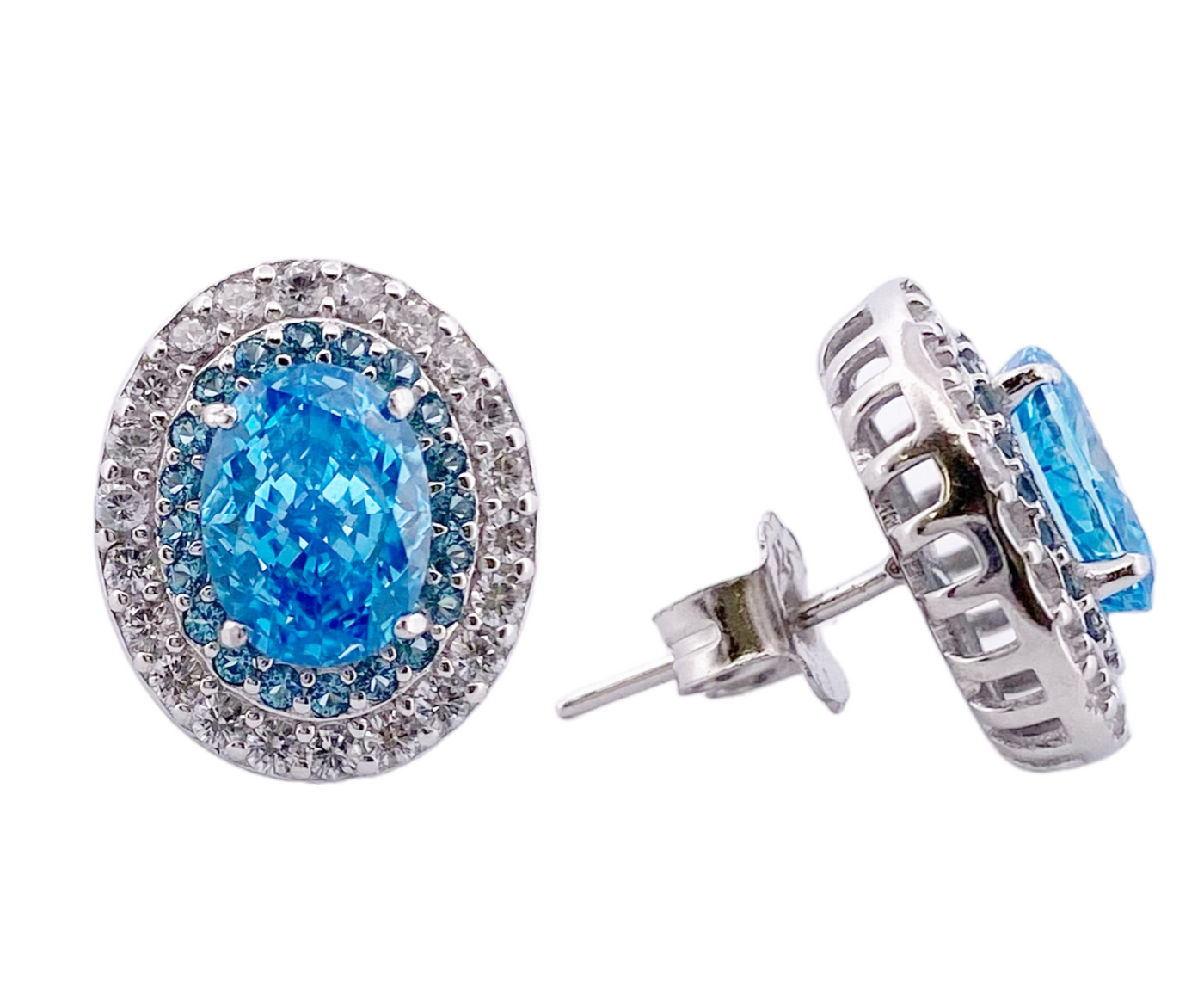 Silver stud earrings with oval diamond replica stones