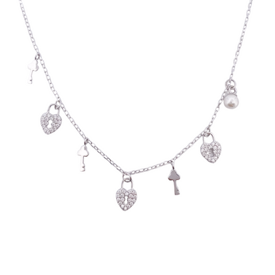 SILVER NECKLACE WITH LOCK-PEARL-KEY