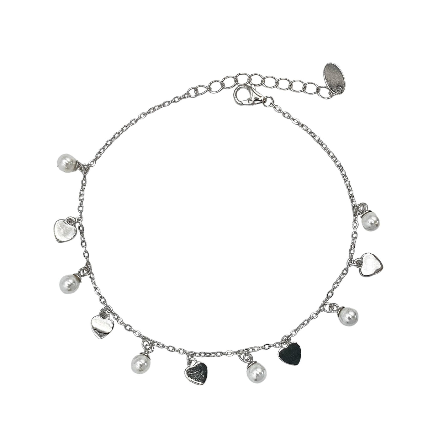 Silver bracelet with hearts and pearl charms