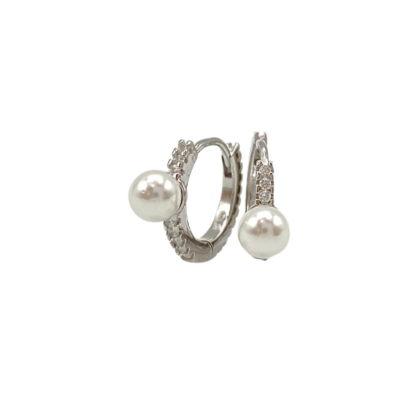 Orecchini a cerchio in argento con zirconi e perla - 12 mm