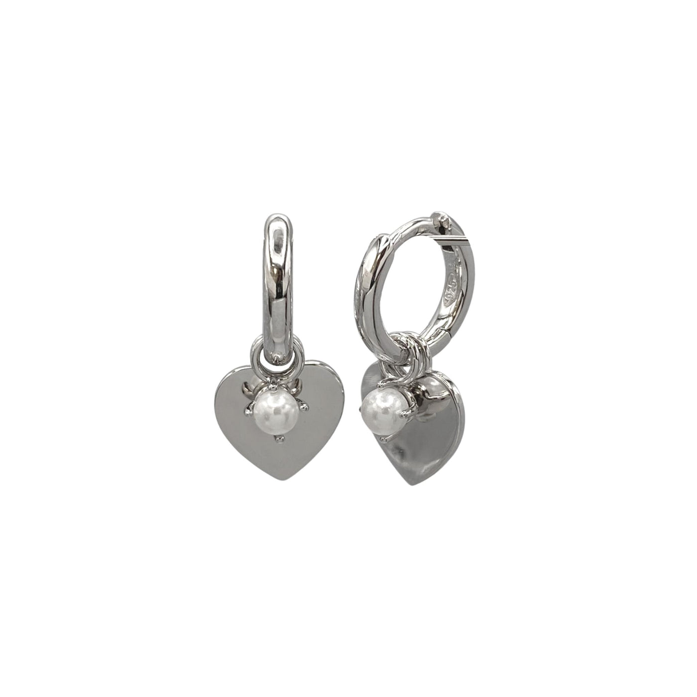 Silver hoop earrings with hearts and pearl charms