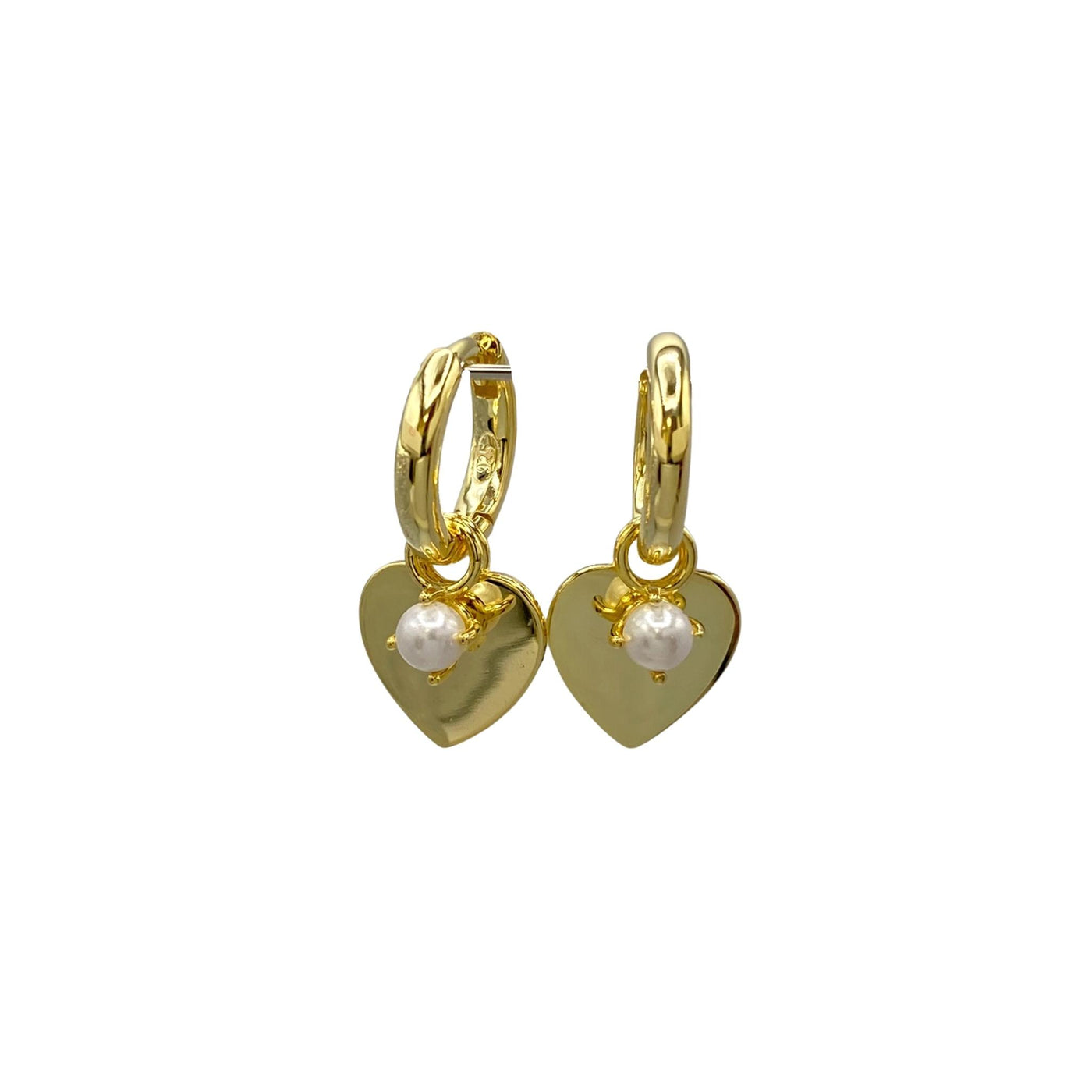 Silver hoop earrings with hearts and pearl charms