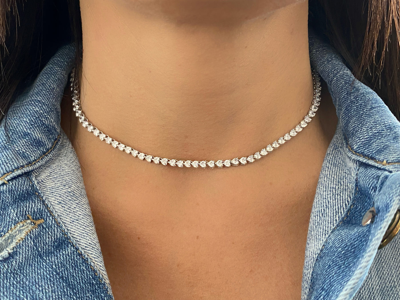 Silver tennis choker with white hearts