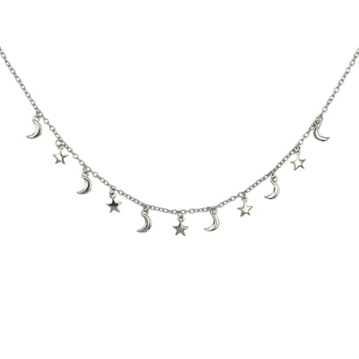 Silver charms necklace with moons and stars