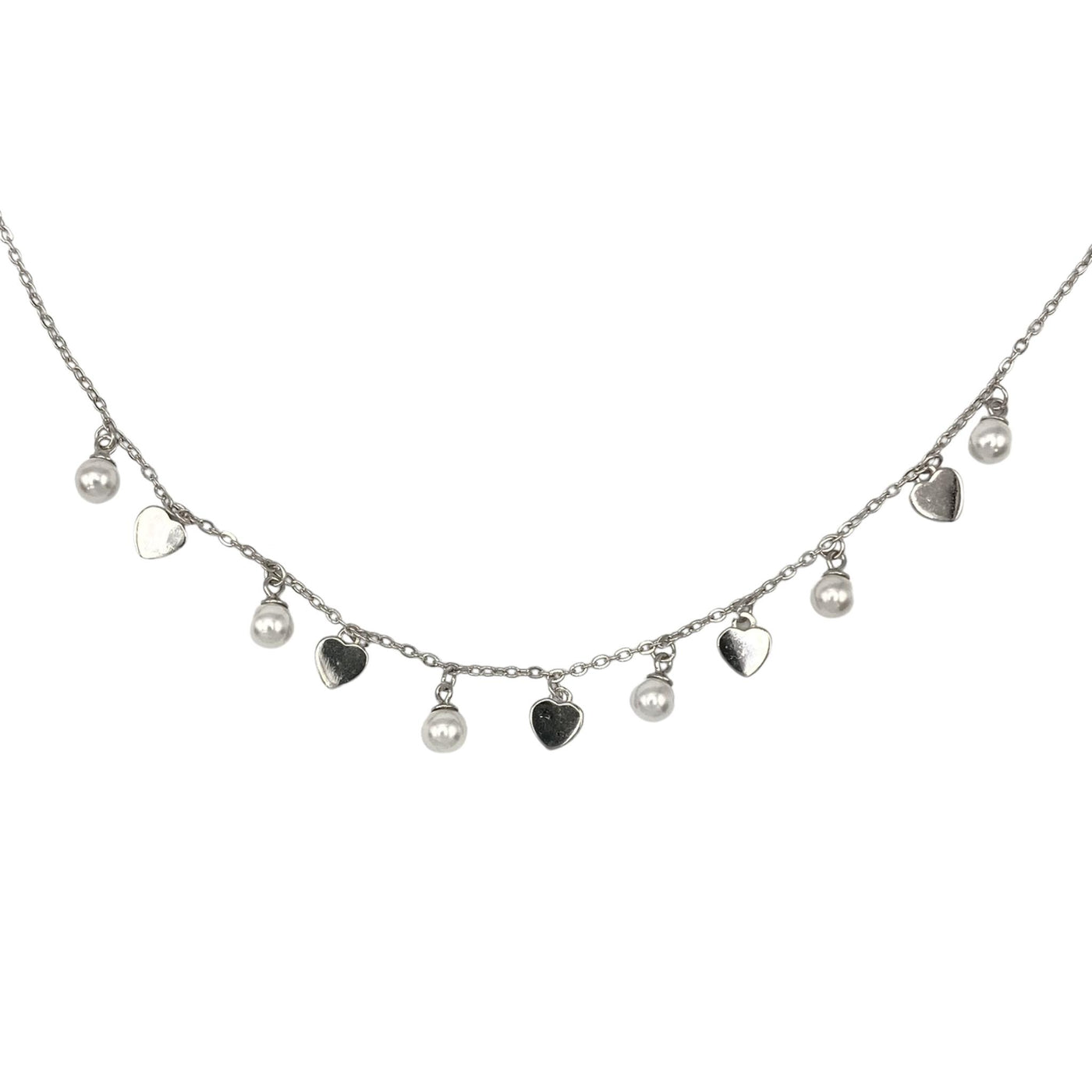 Silver necklace with pearls and hearts
