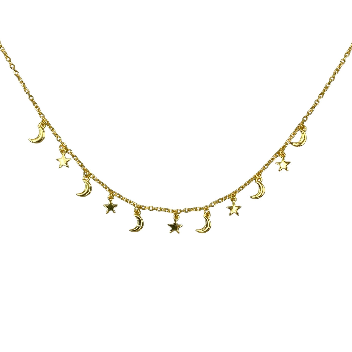 Silver charms necklace with moons and stars
