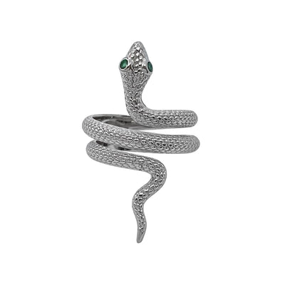 Silver snake spiral ring with emerald eyes