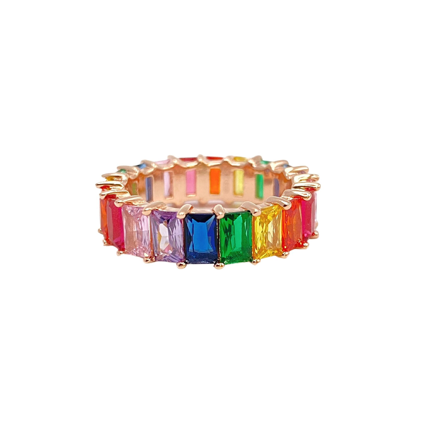 Silver band ring with multicolor rectangle stones