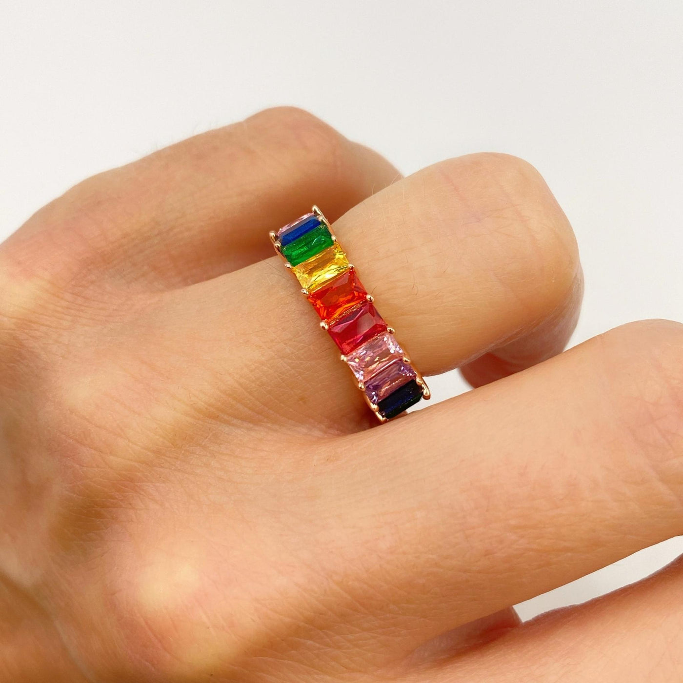 Silver band ring with multicolor rectangle stones