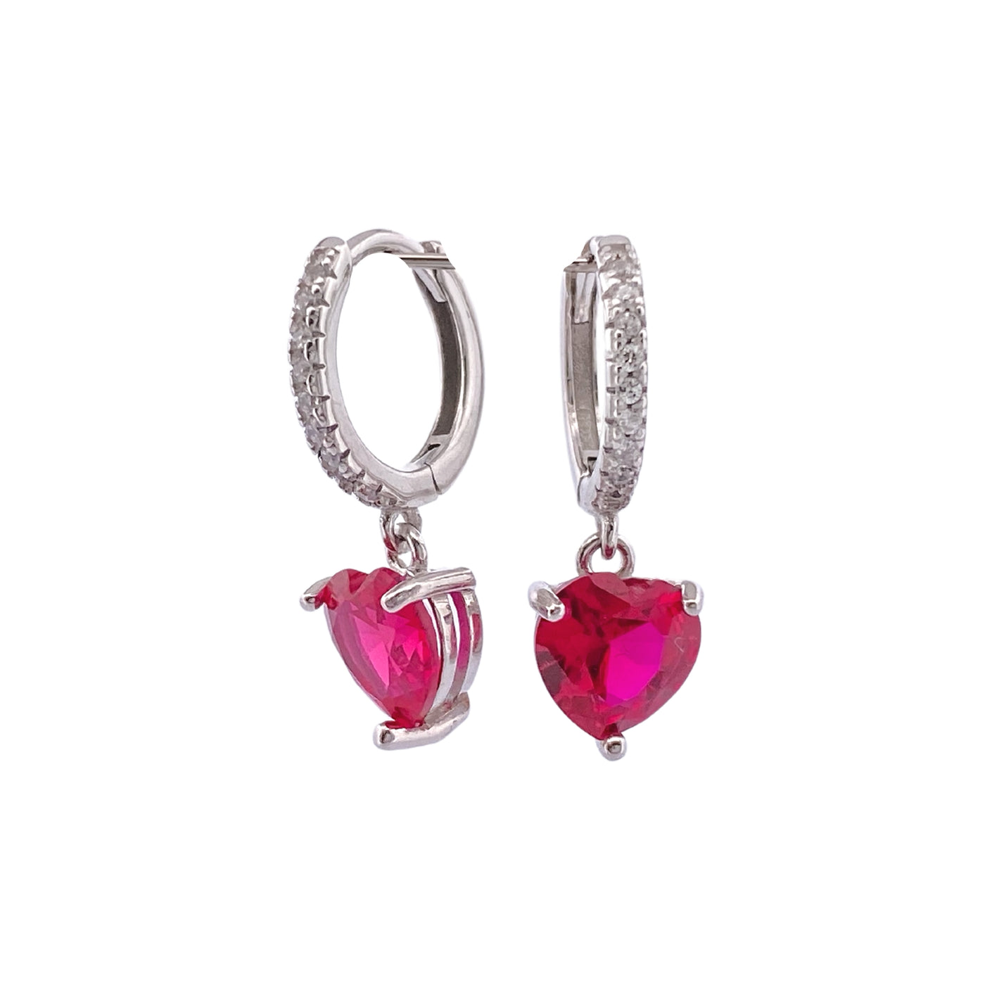 Silver hoop earrings with heart charm - rhodium