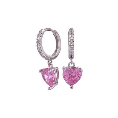 Silver hoop earrings with heart charm - rhodium